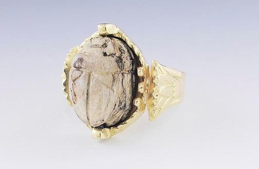 Unique 18k Gold & Antique Egyptian Pottery Scarab Beetle Ring