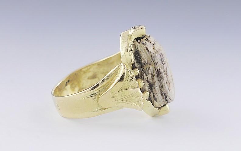 Unique 18k Gold & Antique Egyptian Pottery Scarab Beetle Ring