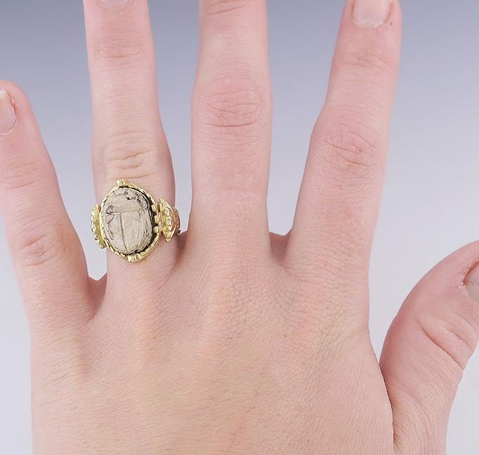 Unique 18k Gold & Antique Egyptian Pottery Scarab Beetle Ring