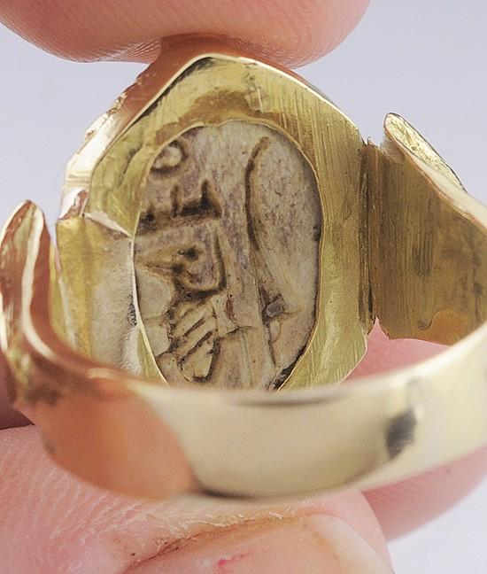 Unique 18k Gold & Antique Egyptian Pottery Scarab Beetle Ring