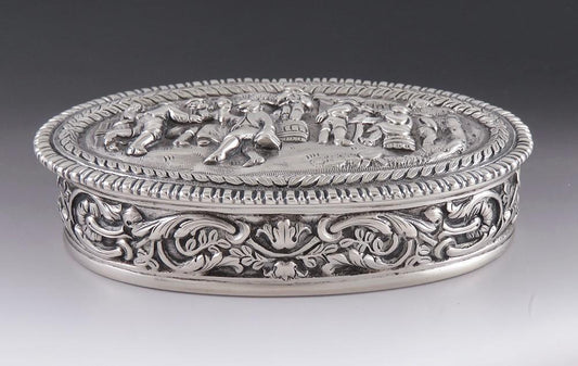 Heavy Vintage Portuguese 833 Silver Drinking Dancing Pub Scene Tinket Box