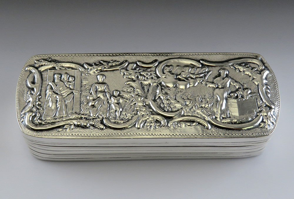 1886 Antique Dutch Silver Genre Scene Hand Chased Long Trinket Vanity Box