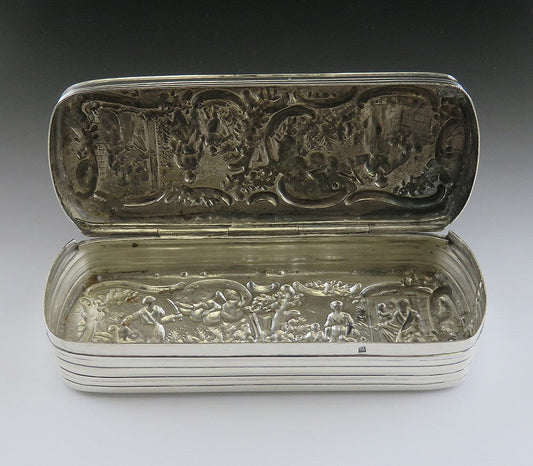 1886 Antique Dutch Silver Genre Scene Hand Chased Long Trinket Vanity Box