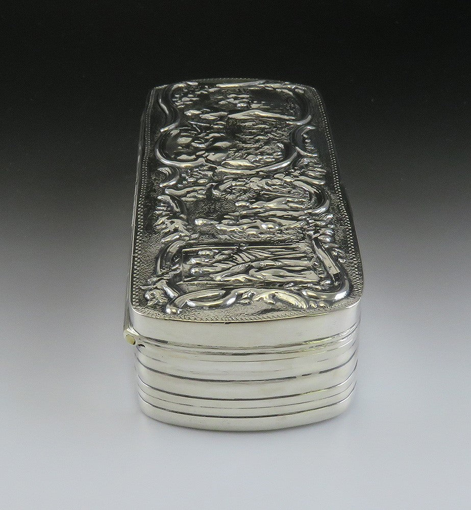 1886 Antique Dutch Silver Genre Scene Hand Chased Long Trinket Vanity Box