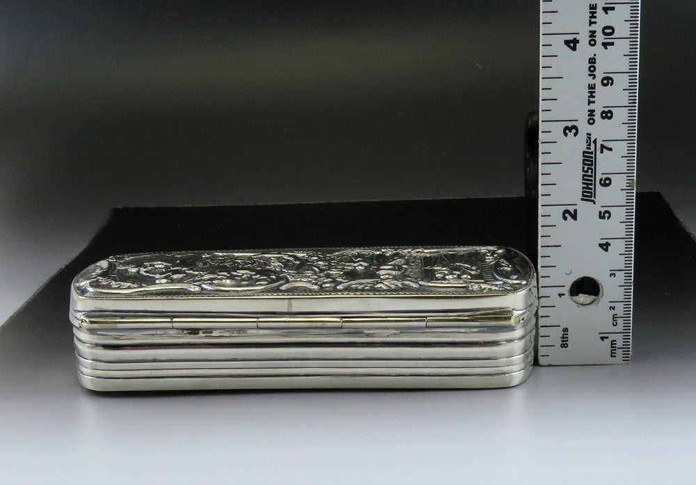 1886 Antique Dutch Silver Genre Scene Hand Chased Long Trinket Vanity Box