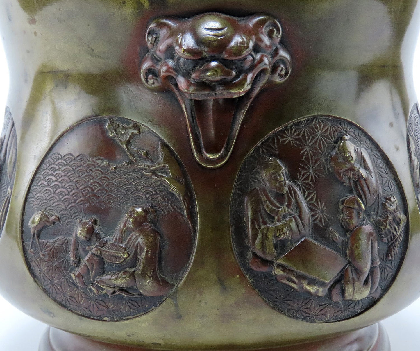Antique Chinese Bronze Hu Vessel 8 Immortals Mask Handles 4 Character Mark