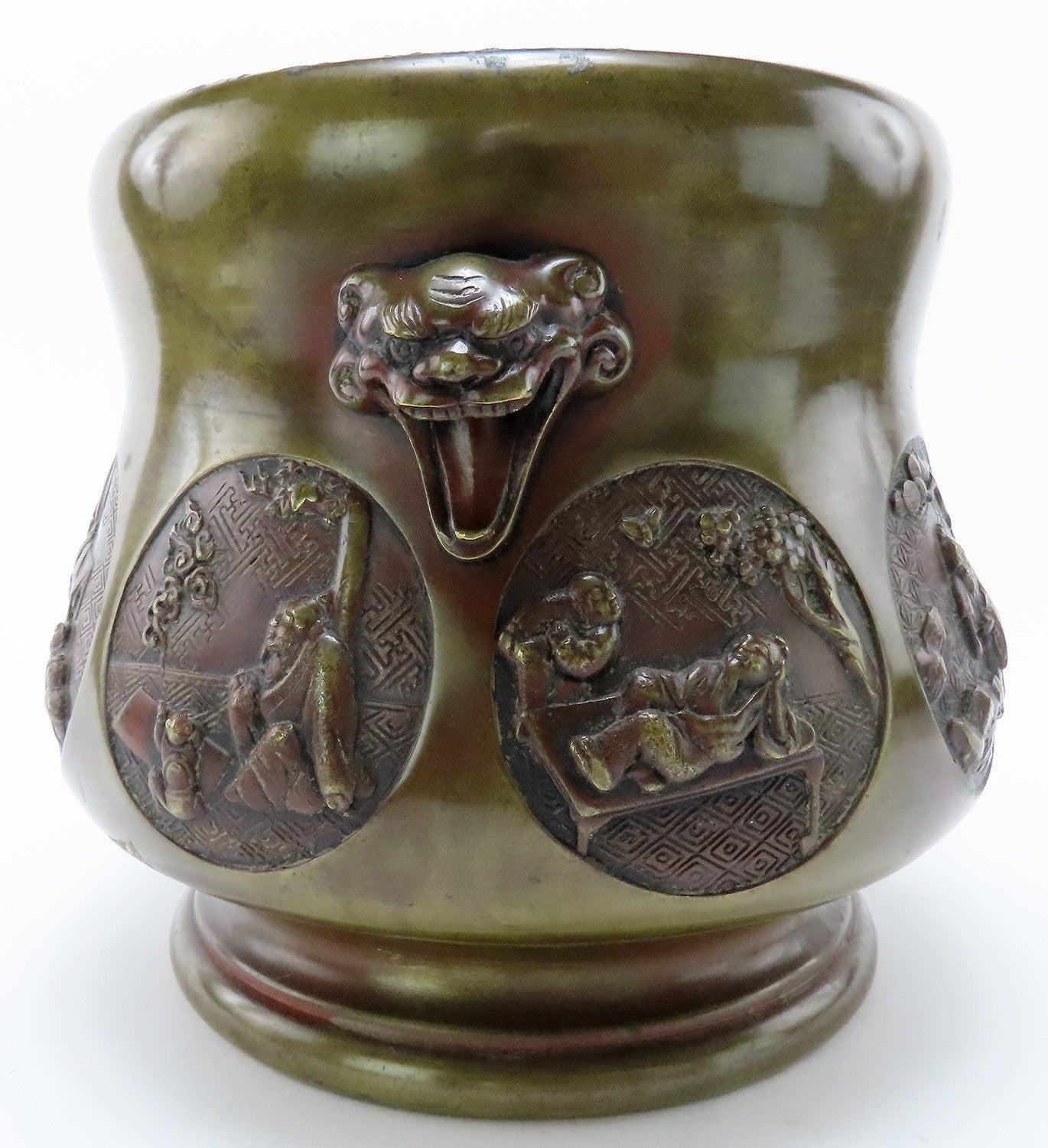 Antique Chinese Bronze Hu Vessel 8 Immortals Mask Handles 4 Character Mark