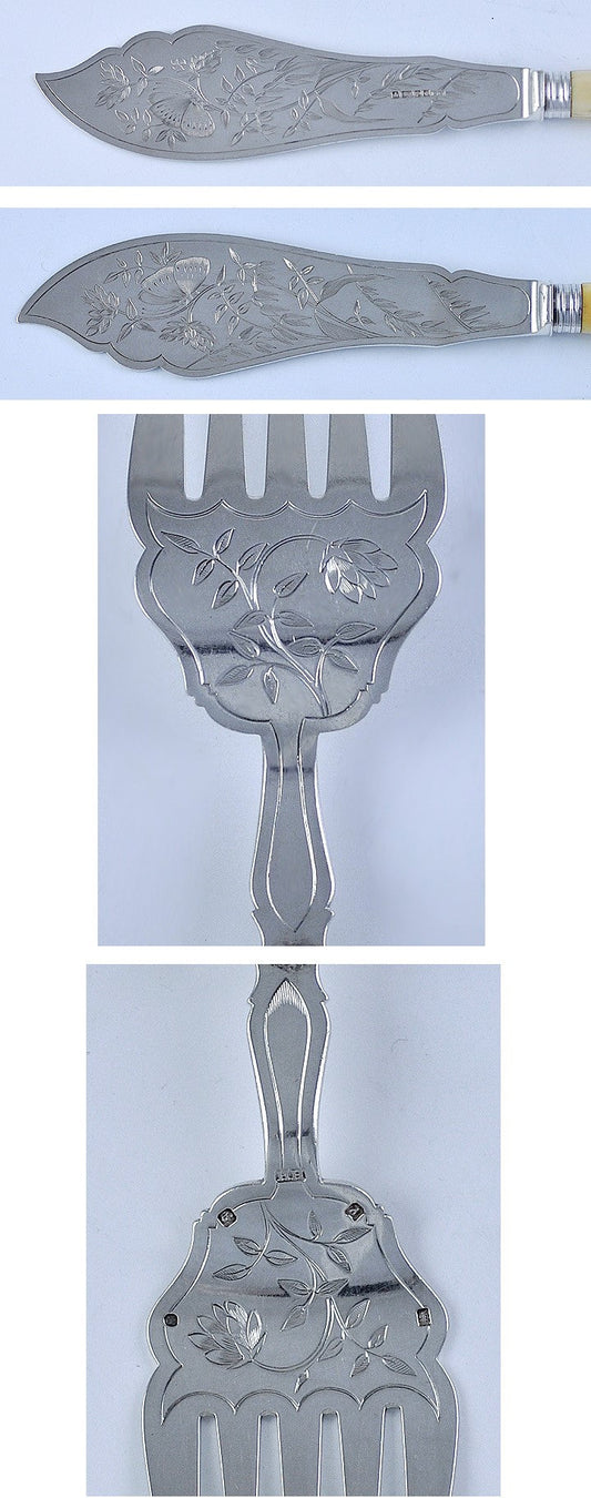 Antique Victorian 1858 English Sterling Silver Fish Fork Knife Serving Set