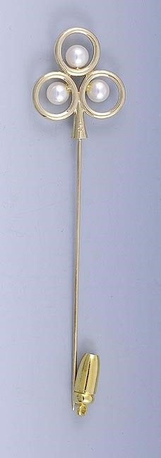 Genuine Mikimoto 14k Gold Natural Pearl Shamrock Clover Trefoil Stick Pin