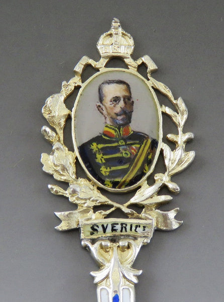 Antique 1913 Enameled Swedish 830 Silver Sverige Souvenir Spoon King Gustav V