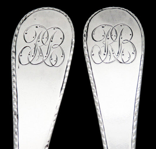 Large Antique Colonial Stephen Emery Coin Silver Serving Spoons Pair 8 1/2 in