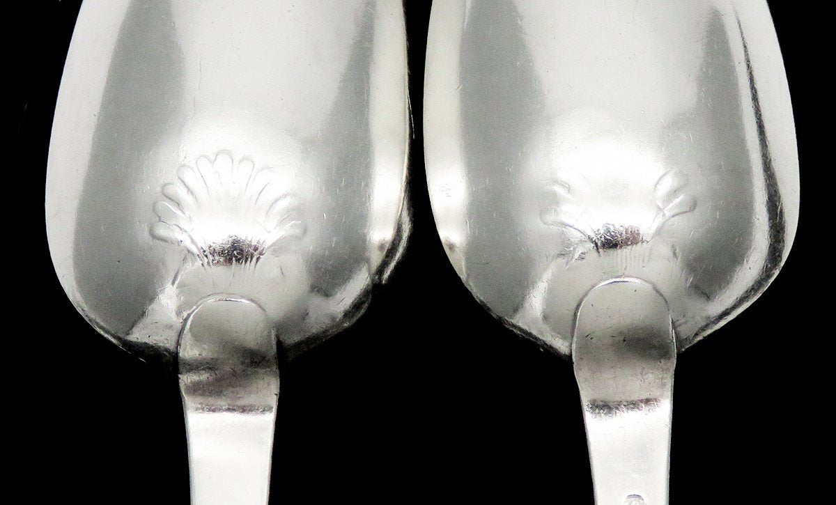 Large Antique Colonial Stephen Emery Coin Silver Serving Spoons Pair 8 1/2 in