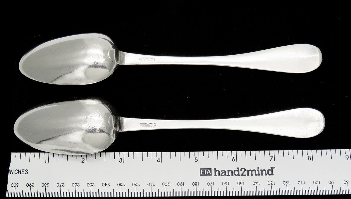 Large Antique Colonial Stephen Emery Coin Silver Serving Spoons Pair 8 1/2 in
