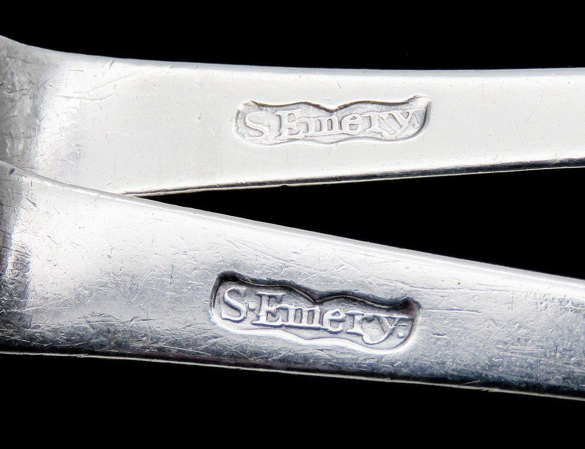 Large Antique Colonial Stephen Emery Coin Silver Serving Spoons Pair 8 1/2 in