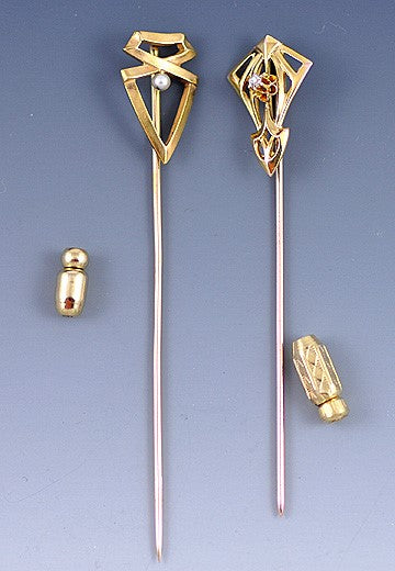 Pair Gold Diamond & Pearl Antique Stickpins
