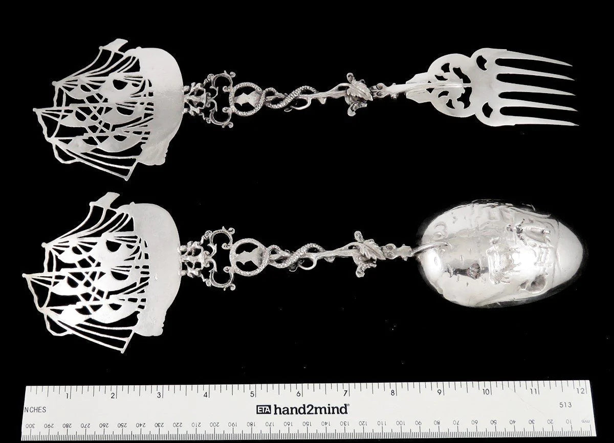 Huge Antique Dutch Colonial 1905 Silver Galleon Salad Serving Fork Spoon Set 13"