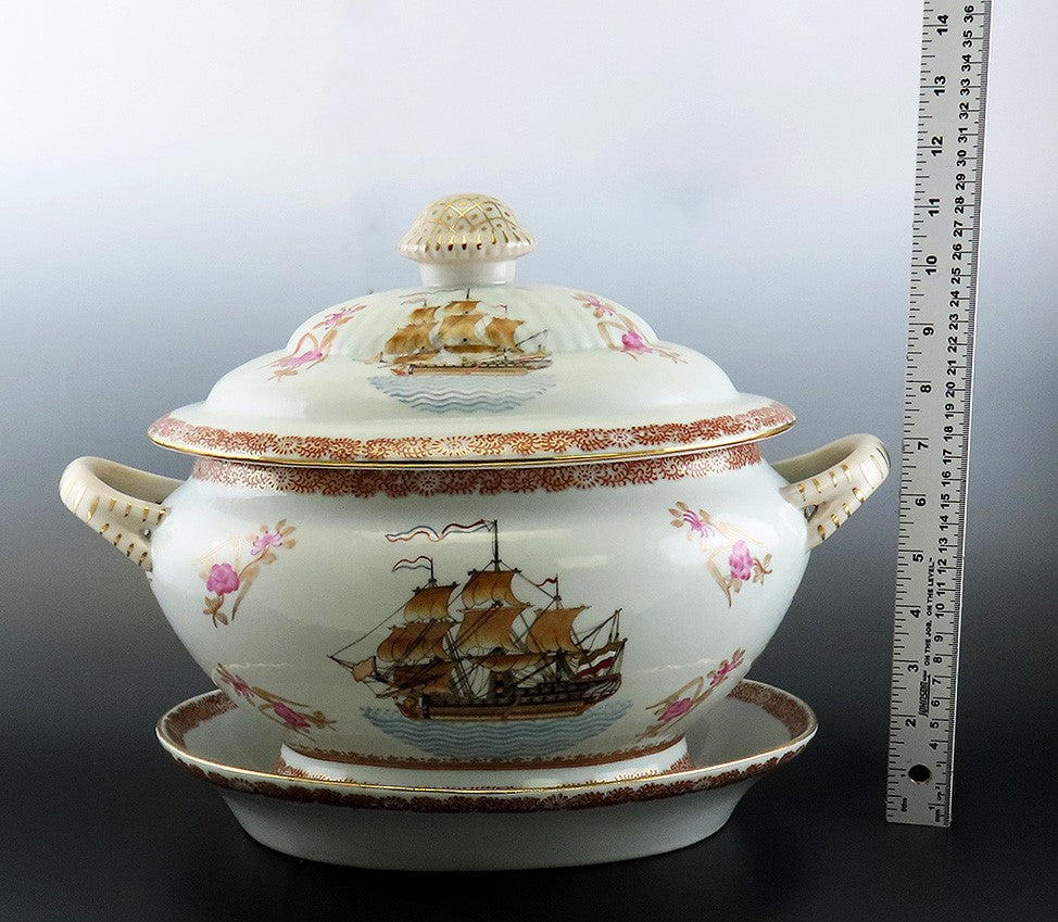 Huge Antique French Porcelain Covered Serving Dish w Ship Galleon Scene Decor