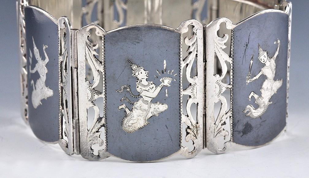 Sterling Silver and Hand Engraved Niello Bracelet Siam/Thailand 1930-1960