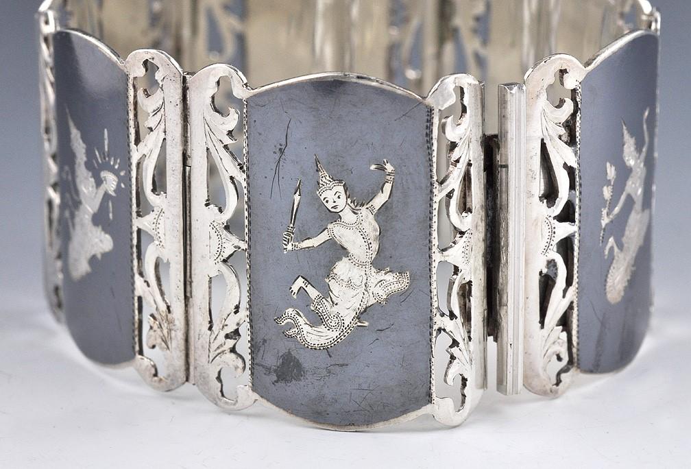 Sterling Silver and Hand Engraved Niello Bracelet Siam/Thailand 1930-1960