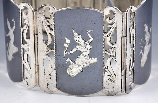 Sterling Silver and Hand Engraved Niello Bracelet Siam/Thailand 1930-1960