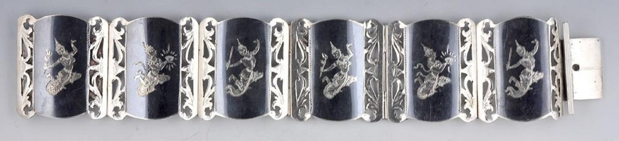 Sterling Silver and Hand Engraved Niello Bracelet Siam/Thailand 1930-1960