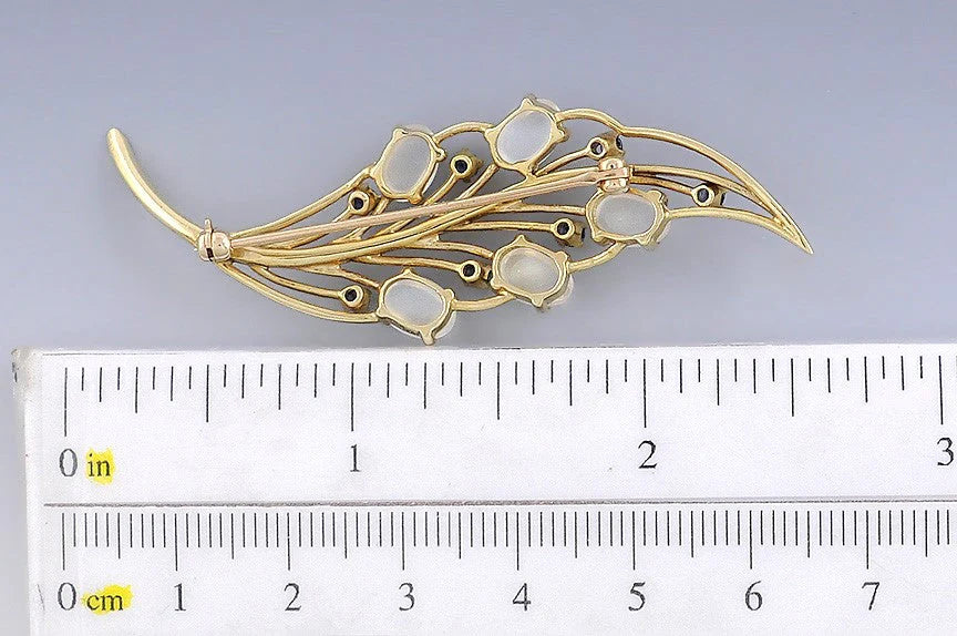Elegant 14k Gold Sapphire Moonstone Leaf Pin Brooch