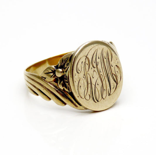 Antique Early 1900s American Yellow Gold Heavy Weight Signet Ring Floral Design