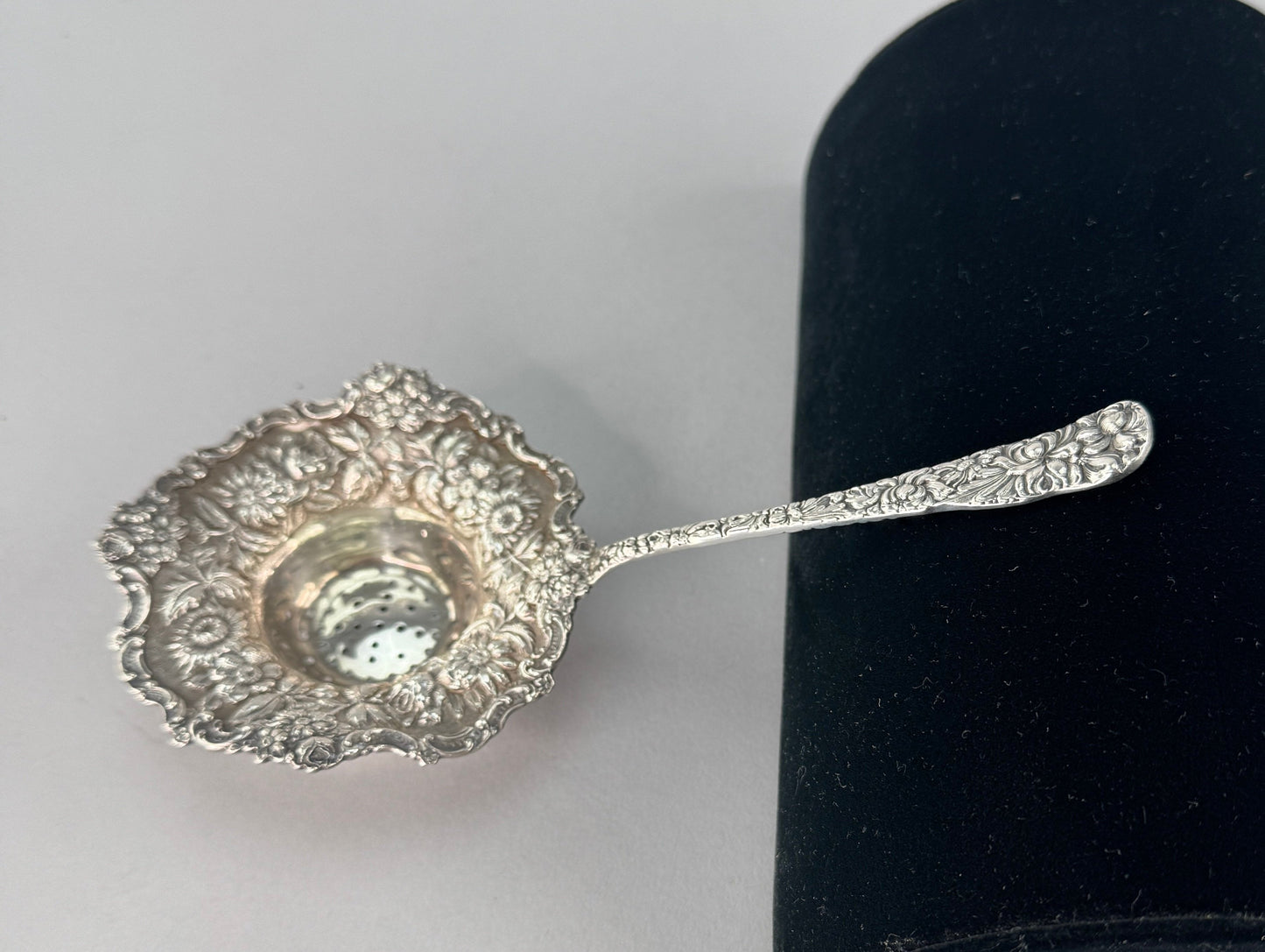 Rare Large Stieff Sterling Silver Tea Strainer Chrysanthemum Pattern
