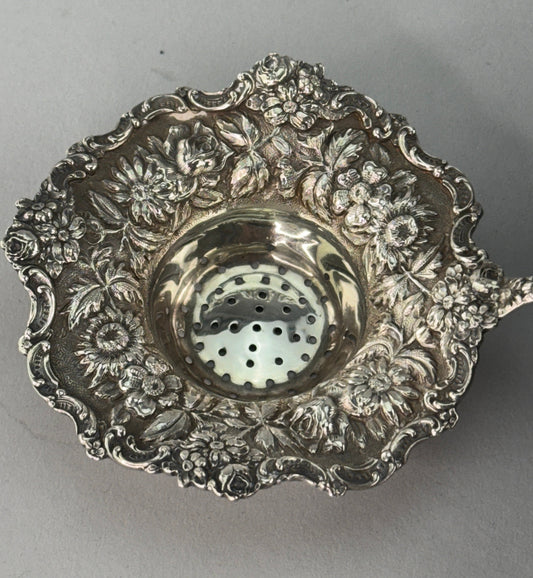 Rare Large Stieff Sterling Silver Tea Strainer Chrysanthemum Pattern