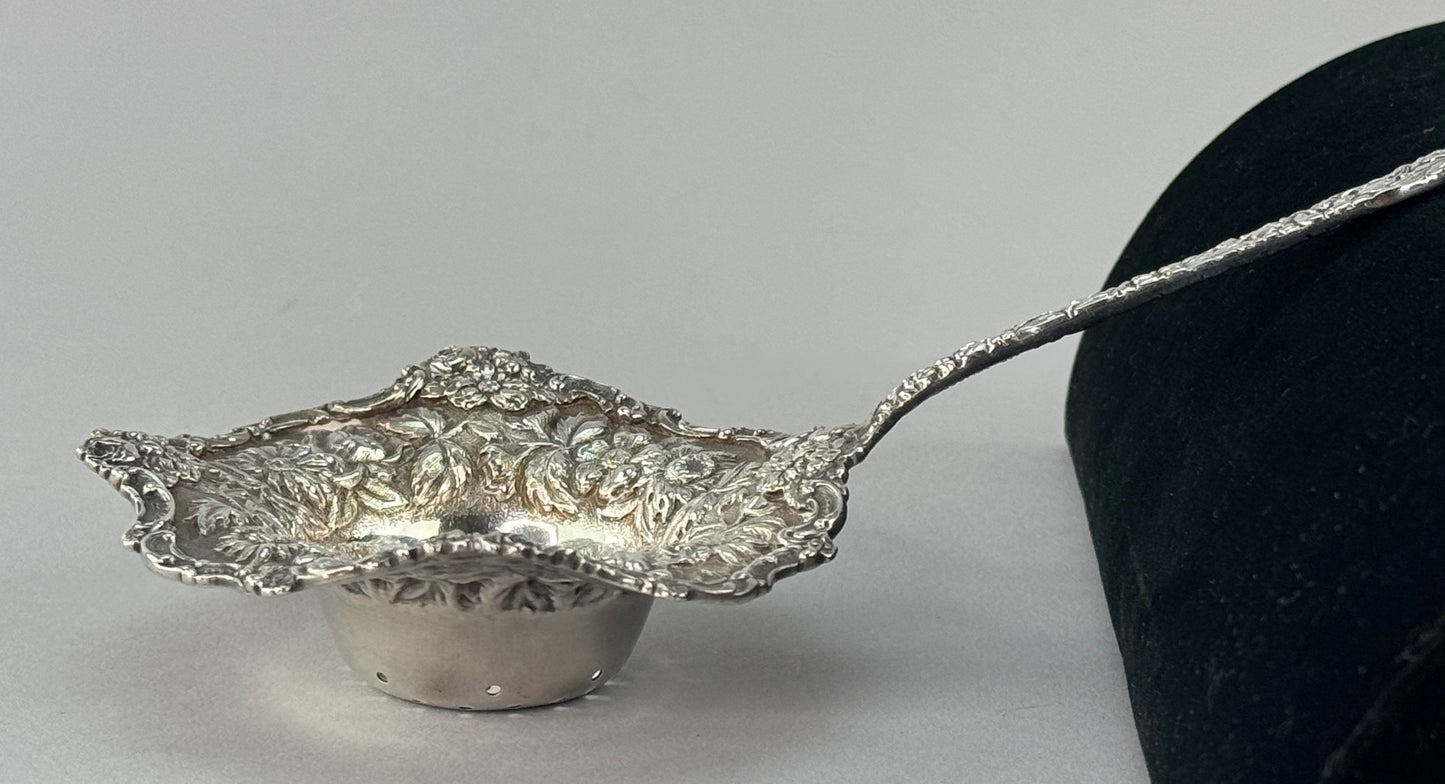 Rare Large Stieff Sterling Silver Tea Strainer Chrysanthemum Pattern