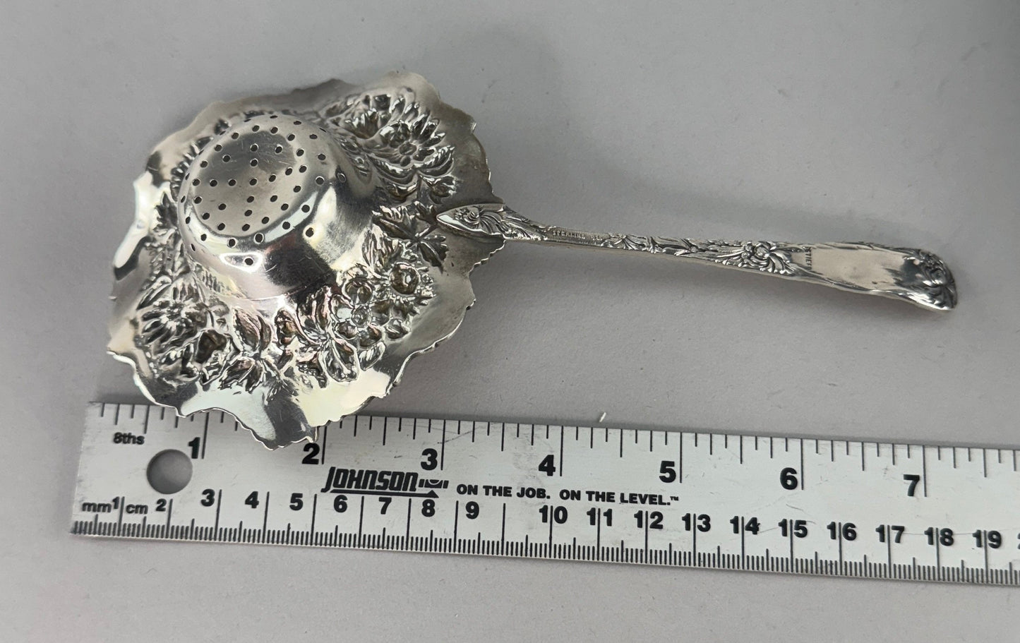 Rare Large Stieff Sterling Silver Tea Strainer Chrysanthemum Pattern