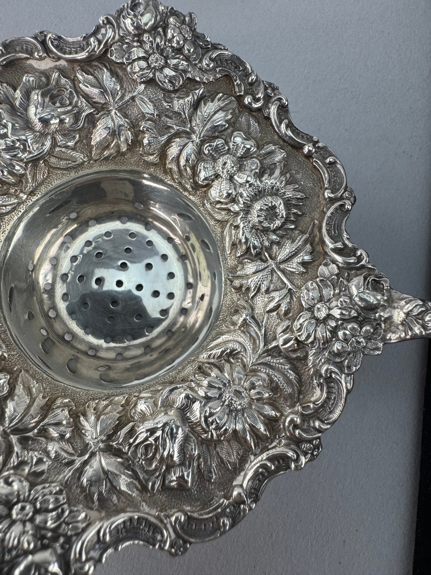 Rare Large Stieff Sterling Silver Tea Strainer Chrysanthemum Pattern