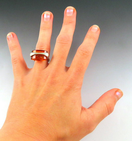 Stunning Sterling Silver Amber Contemporary Ring sz 8 1/2