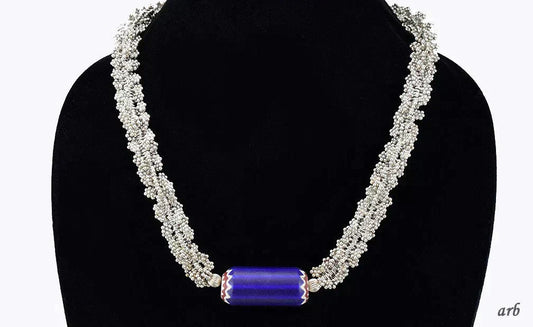 Vintage Necklace of Sterling Silver and Frosted Blue Glass Millefiori Look
