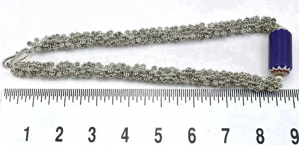 Vintage Necklace of Sterling Silver and Frosted Blue Glass Millefiori Look