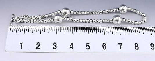 Sterling Silver Round Bead Necklace w/ Small and Large Beads Toggle Clasp