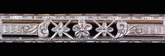 Stylish Antique Krementz 14k Gold and Platinum Bar Pin Brooch Filigree Floral
