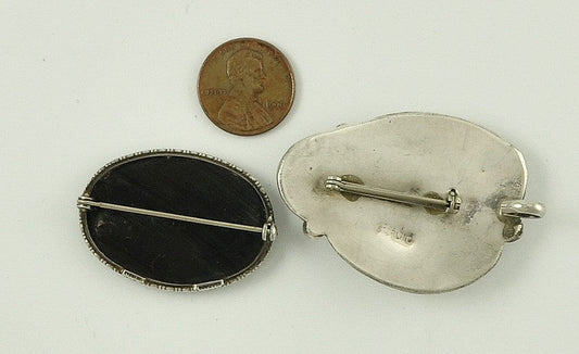 2 Sterling Silver and Genuine Black Onyx Stone Pins/Brooches Vintage Leaf Design