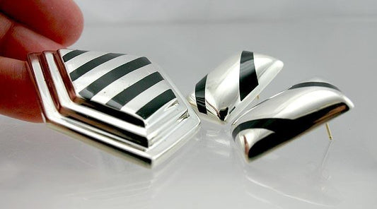 Modern Sterling Silver and Black Enamel Bayanihan Earrings & Pin Jewelry Set