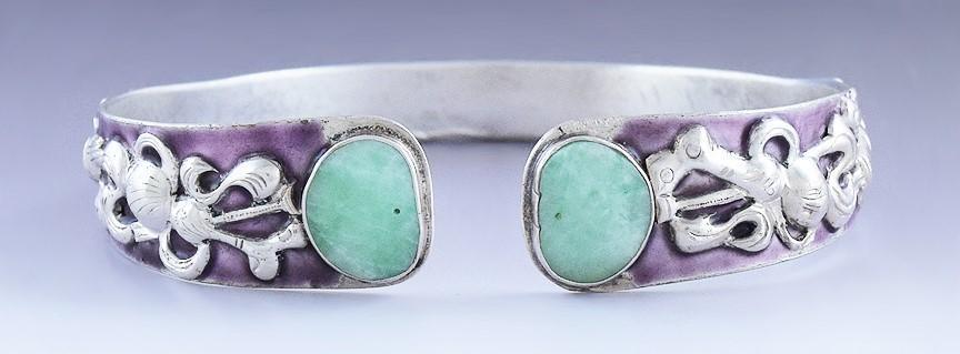 Stylish Chinese Silver Jadeite Jade & Purple Enamel Cuff Bracelet