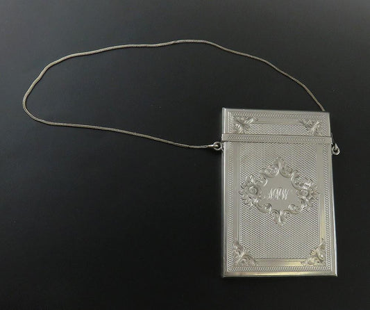 Antique c1850 American Coin Silver Albert Coles Engraved Card Case on Chain