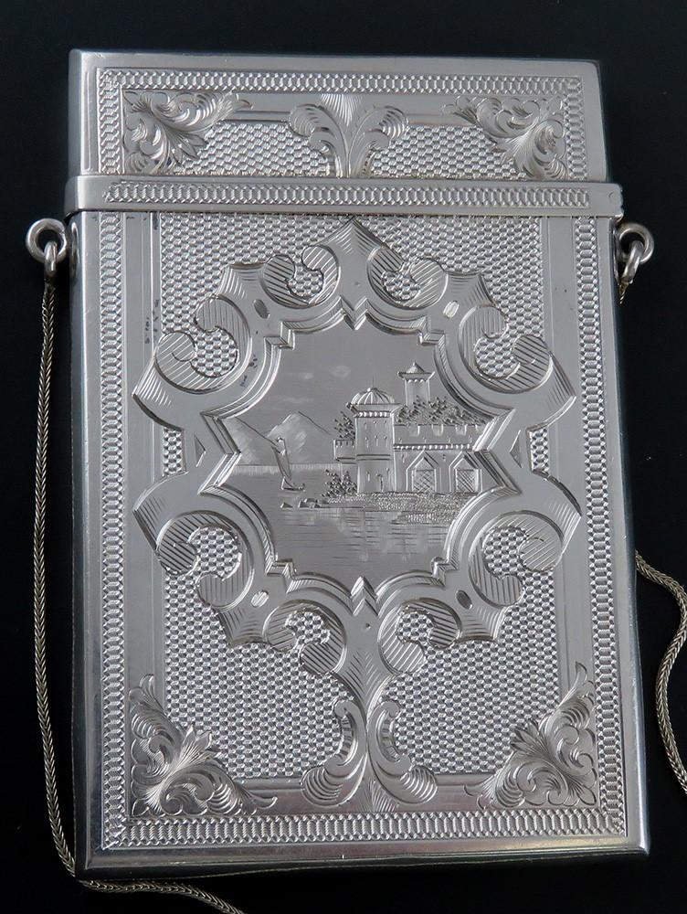 Antique c1850 American Coin Silver Albert Coles Engraved Card Case on Chain