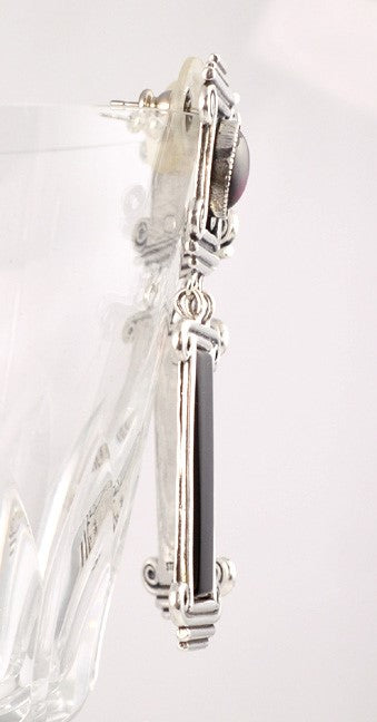 Great Sterling Onyx Garnet Ionic Column Shaped Earrings