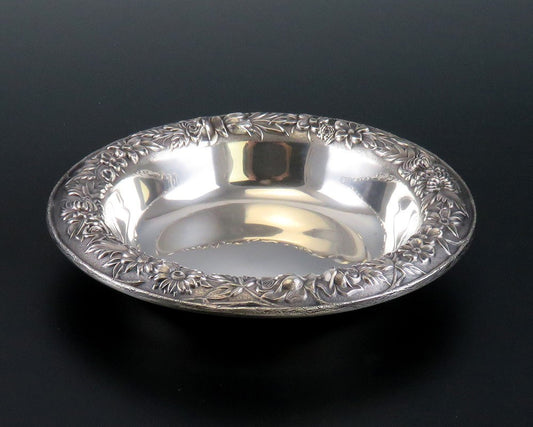 Pristine S. Kirk Sterling Silver Hand Chased Floral Repousse #409 Berry Bowl