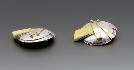 Striking Pair Signed Caroline Strieb Sterling Silver 14k Gold Dome Earrings
