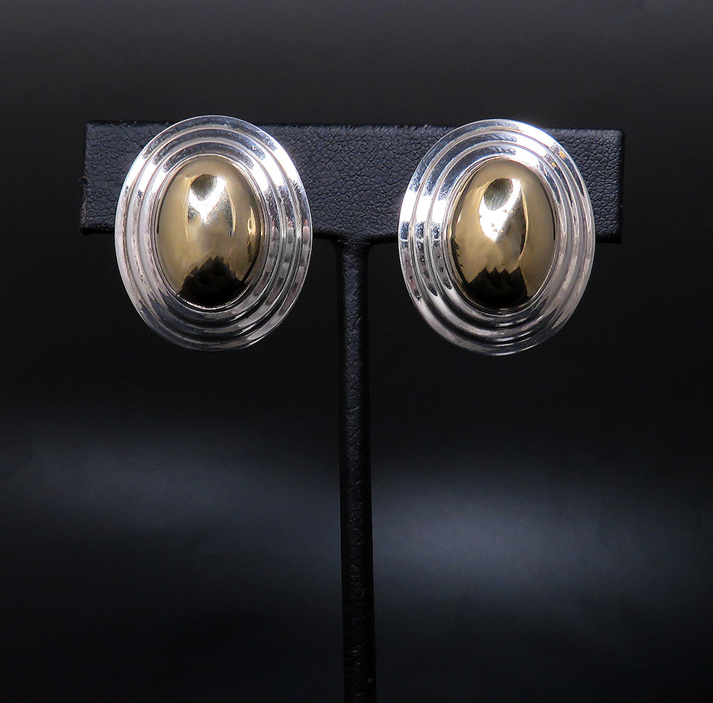 Pair Retro 14K Gold and Sterling Silver Dome Stud Earrings ~1inch