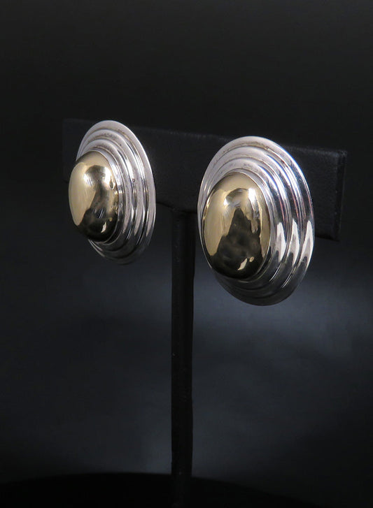 Pair Retro 14K Gold and Sterling Silver Dome Stud Earrings ~1inch