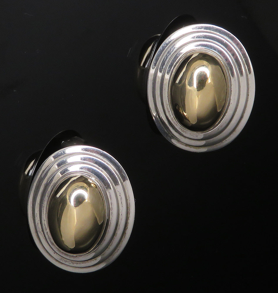 Pair Retro 14K Gold and Sterling Silver Dome Stud Earrings ~1inch