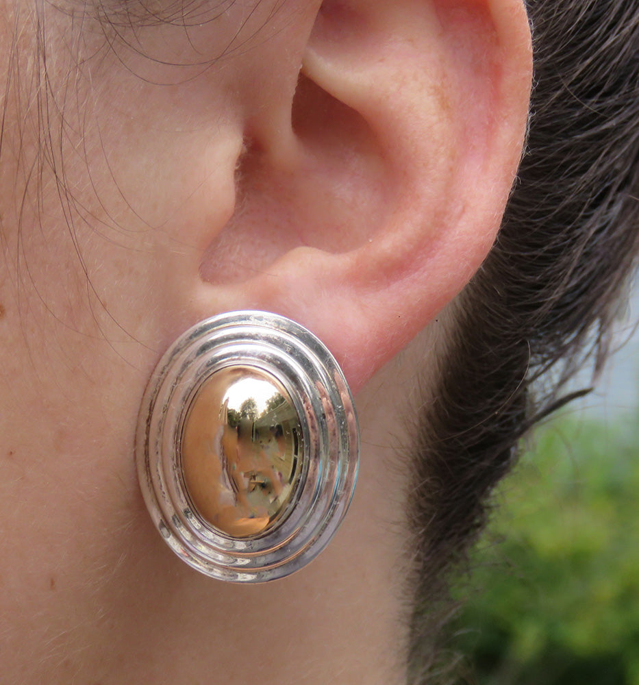 Pair Retro 14K Gold and Sterling Silver Dome Stud Earrings ~1inch