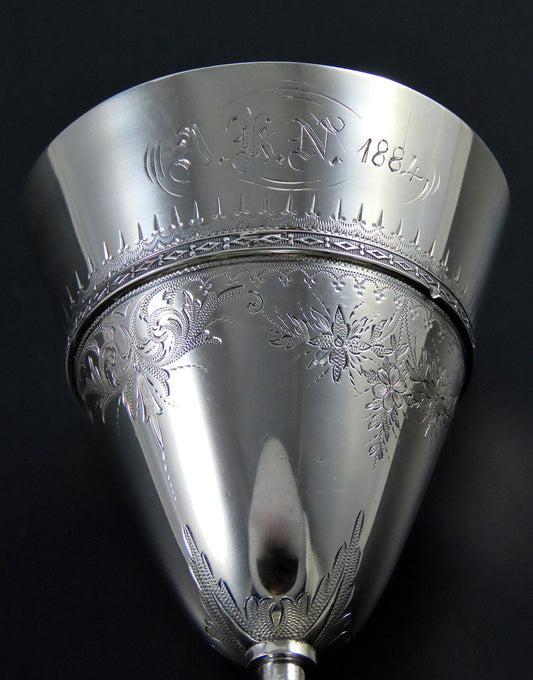 1880s Antique Sterling Silver Wine Chalice Glass Gilded Interior 6 1/8" Tall